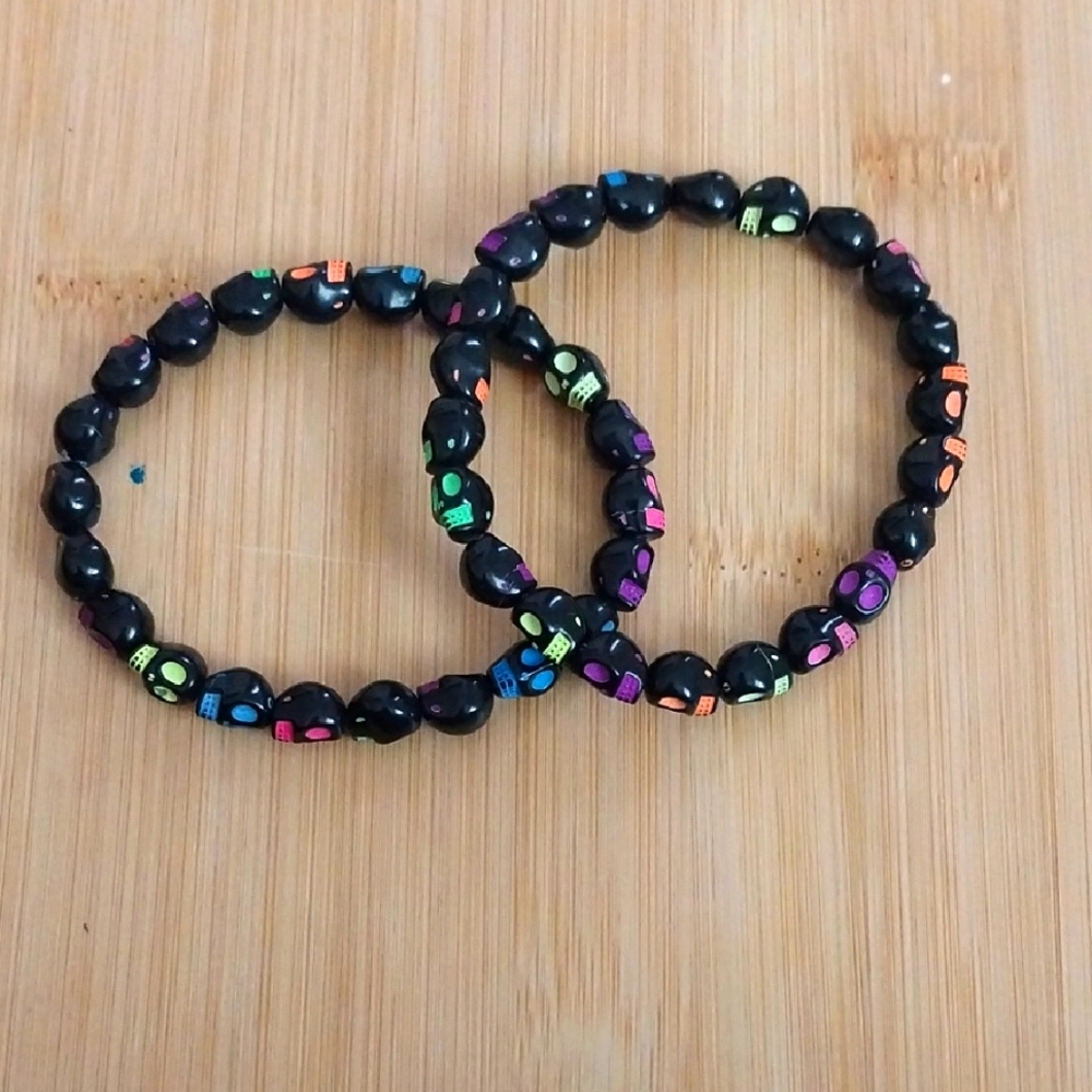 Set Of 2Black Skull Beaded Stretch Bracelet.